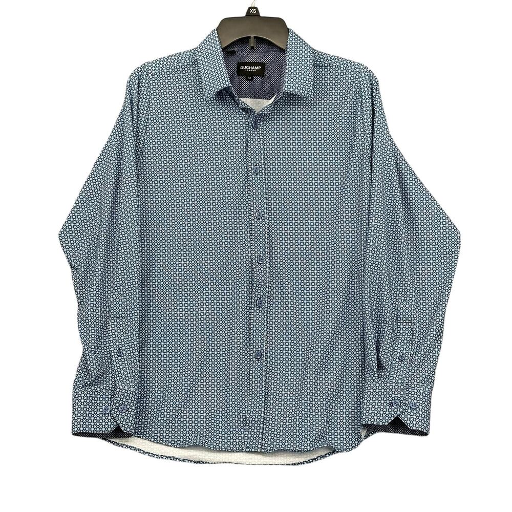 Duchamp London Shirt Men Medium Blue Geometric Flip Cuffs Long Sleeves Button Up